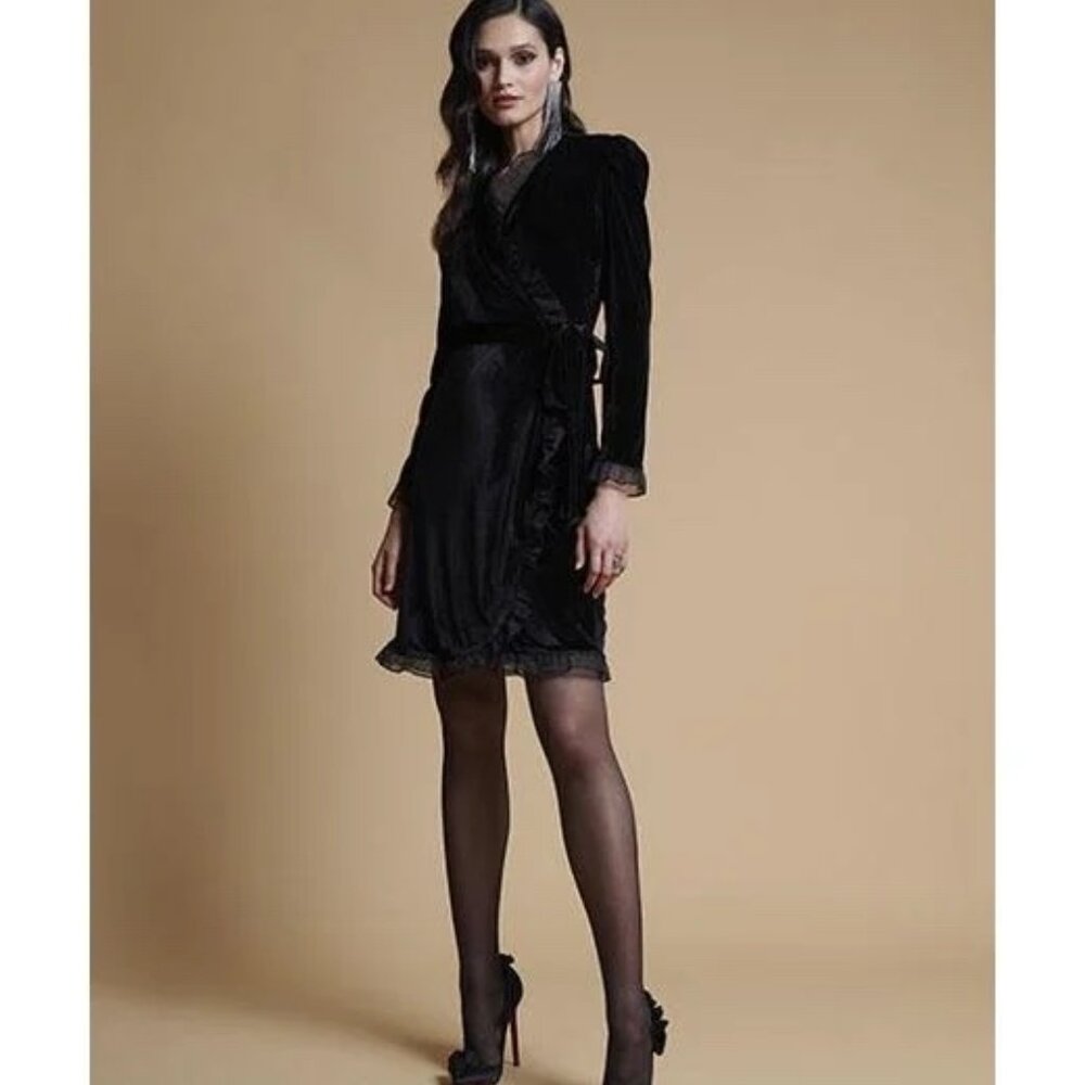Rachel Parcell Black Velvet wrap dress with ruffle trim - Small